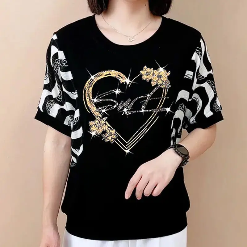 Fashion O-Neck Striped Spliced Diamonds T-Shirts Women's Clothing 2025 Summer New Loose Commuter Tops Batwing Sleeve Tee Shirt