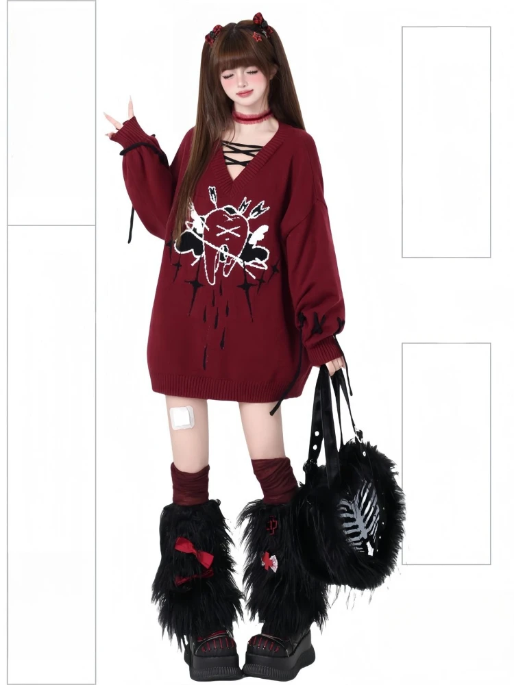 Sottocultura dolce scollo a V casual allentato top pullover maglione manica lunga autunno inverno donna Harajuku Grunge anni 2000 Y2k femminile