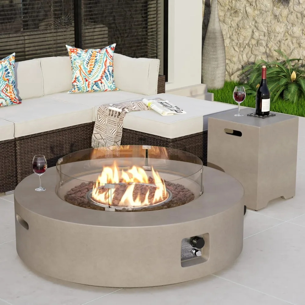 2-Piece Outdoor Propane Firepit Table Set w Tank Table, 40.5-inch Dark Fire Table 50,000 BTU w Gray Round Base,for Garden,Pool