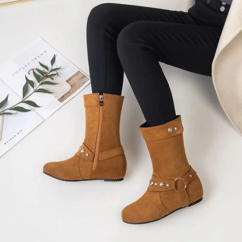 

ORCHA LISA Fashion shoes Women's Mid Calf Boots Round Toe Increased Heel Zipper Metal Flock Suede Brown Big Size 43 Leisure