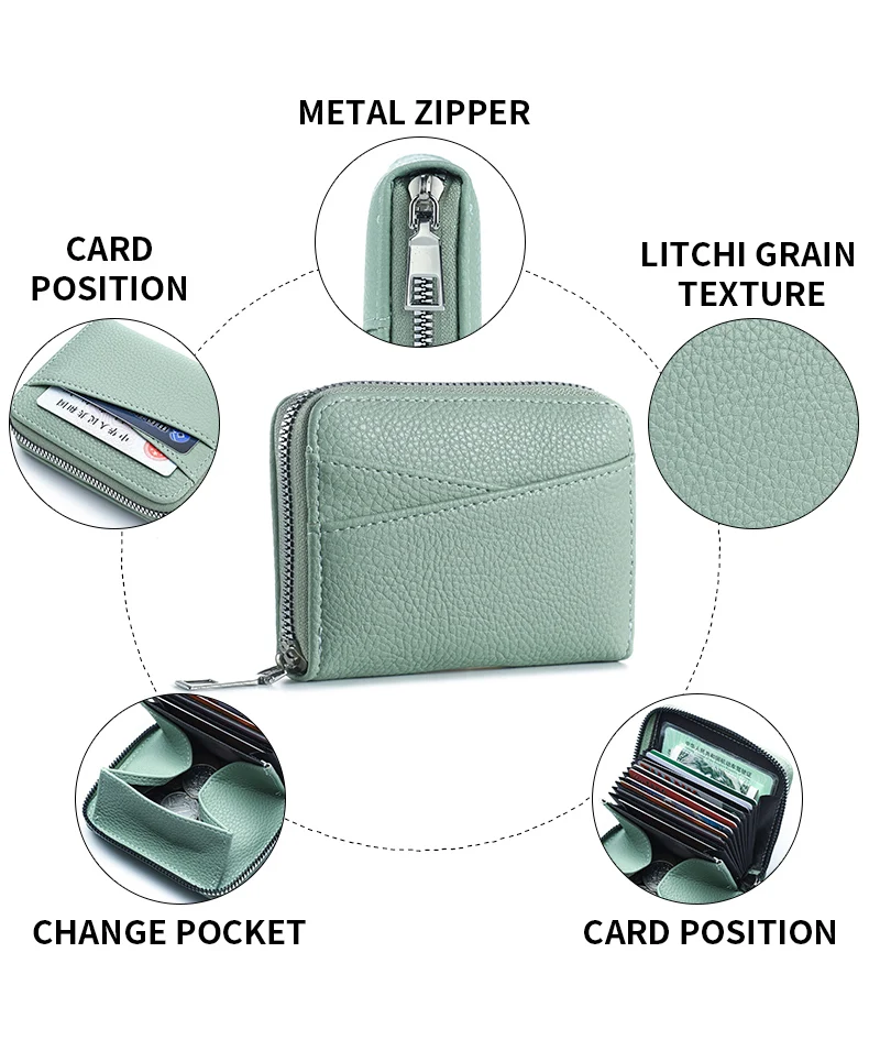 Women's Zipper Purse Short Lychee Pattern Fashion Multi-Card Slot ID Card Holder Coin Zipper Purse For Women
