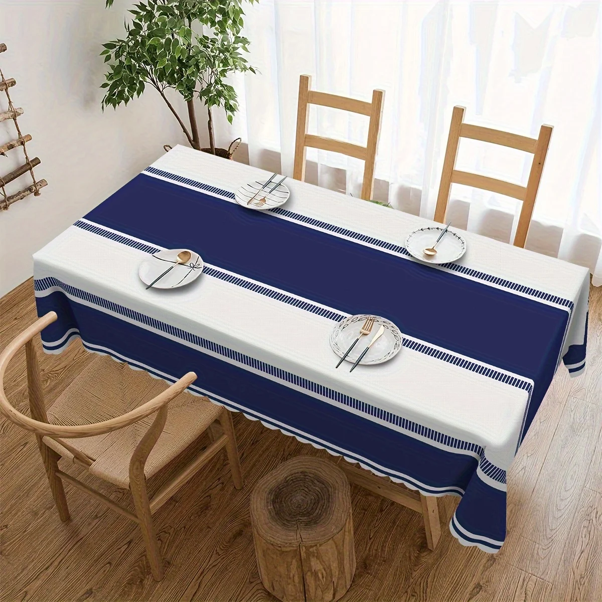 Mantel rectangular a rayas azul marino y blanco, decoración de mesa, mantel reutilizable para cocina de granja, comedor, decoración para fiestas navideñas
