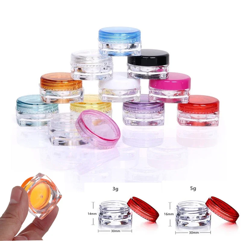 Quadrado Forma Frascos Cosméticos, Vasos de Amostra, Recipientes De Viagem De Plástico, Sombra De Olho, Bálsamo Labial, Unhas Em Pó, Cremes De Jóias, 3g, 5g, 10Pcs