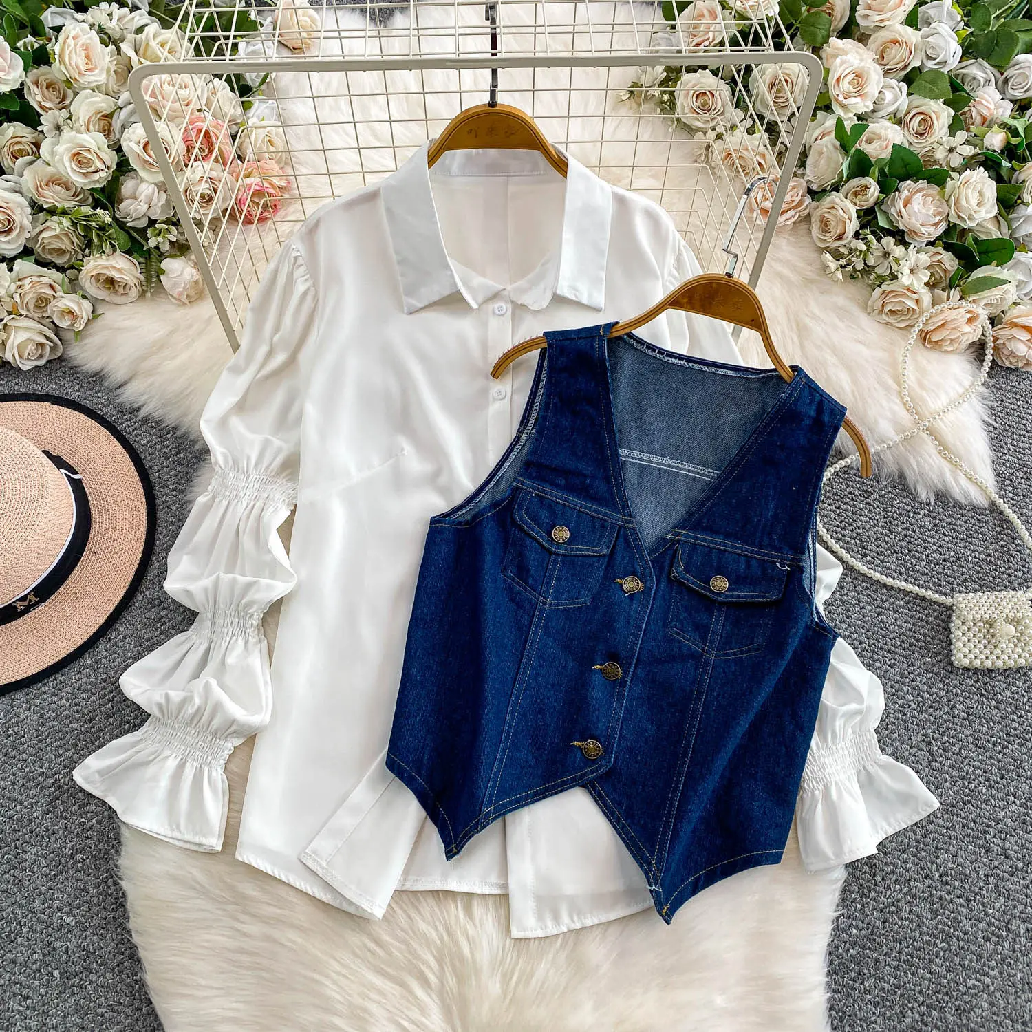 SuperAen Korean Style Office Lady Loose Lantern Sleeve Shirt Single-breasted V-neck Vest Denim Jacket Two-piece Sets