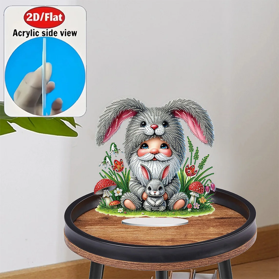 2D / Flat 1pc Bunny Fluffy Gnome Acrylic Welcome Plaque Diamond Painting Desktop Ornament Set, Shiny Wall Decor, Holiday Gift