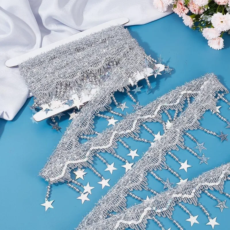 about 4.92 Yards(4.5m) Star Beads Trim Embroidery Lace Trim Star Craft Paillette Fringe Lace Sparkle Tassel Lace Ribbon