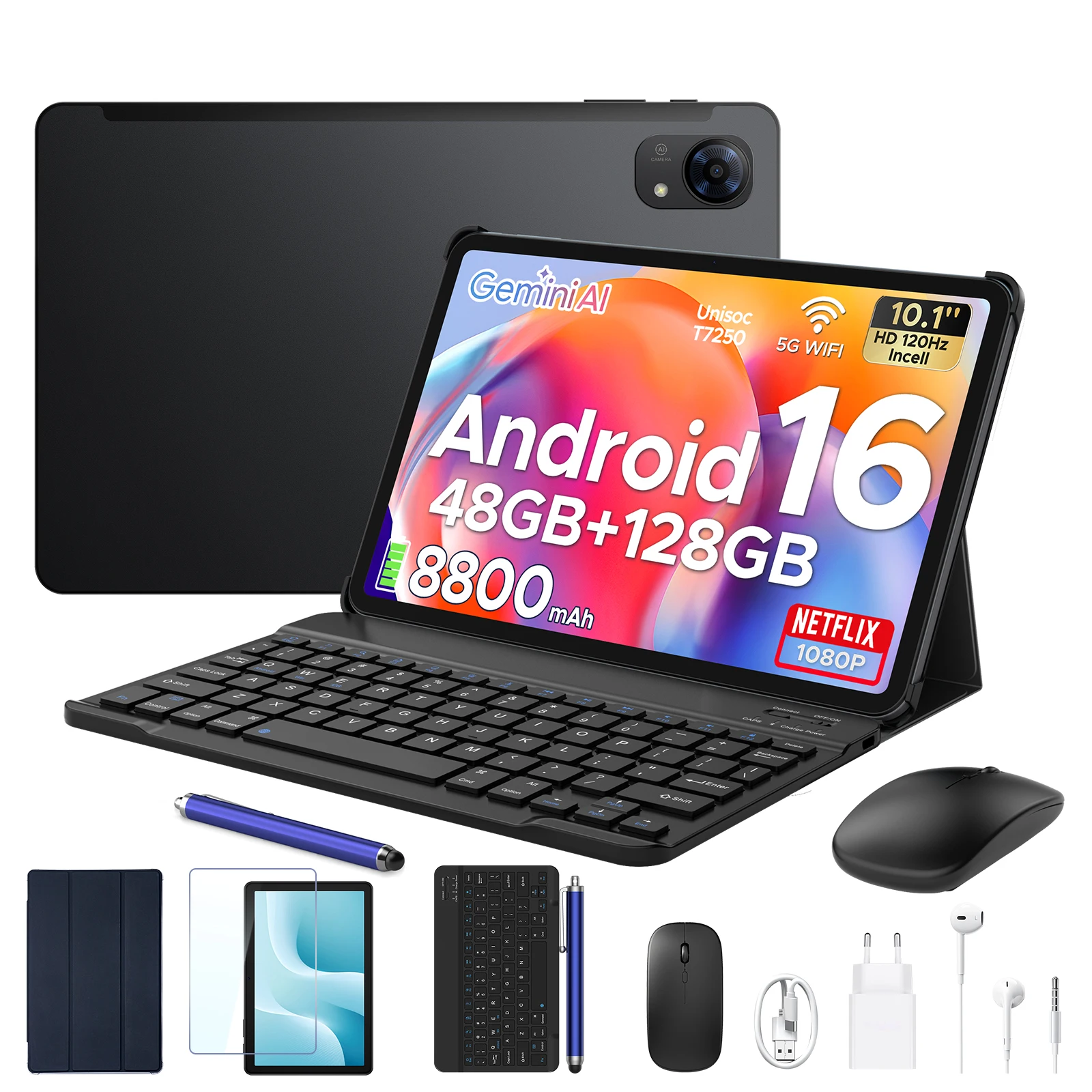 POCKAM P10 Pro 2-in-1 Tablet PC Android 16 10.1″ 120Hz Display Gemini Ai 48GB RAM(8+40) 128GB ROM 8800mAh Batterij Widevine L1 Tablet PC Ondersteunt WIFI Tablet PC