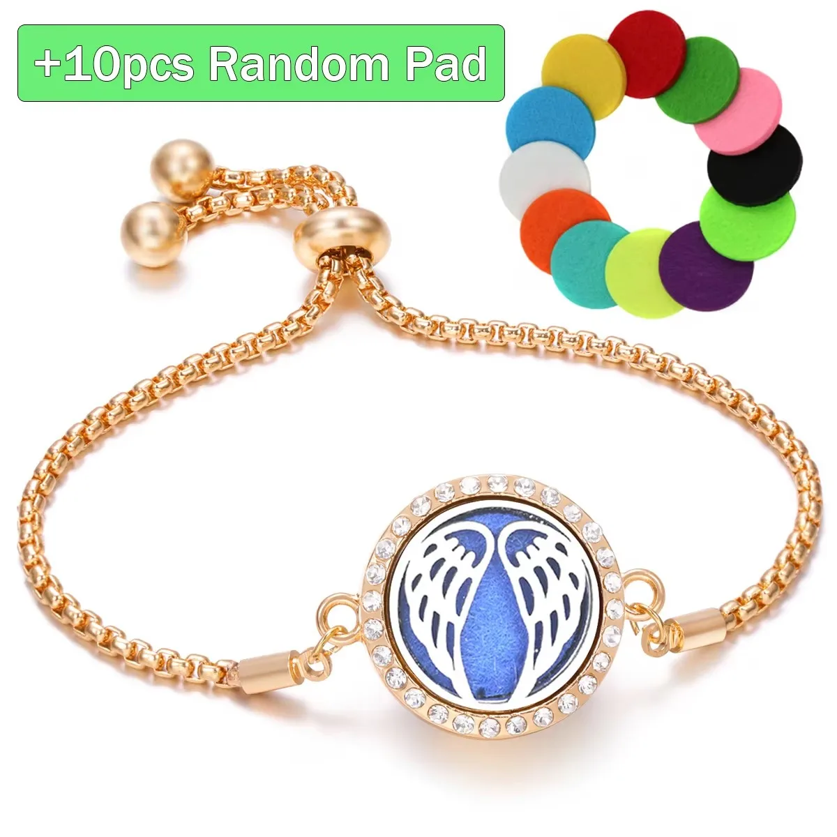 Goldene Strass Engel Flügel Frauen Edelstahl Ätherisches Öl Medaillons Armreif Aromatherapie Diffusor Parfüm Armband Schmuck