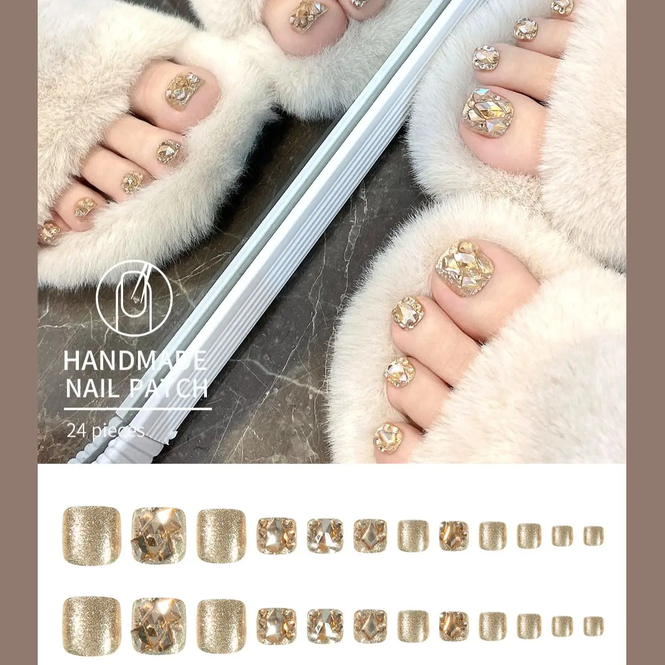 

24Pcs Press on Wedding Toe Nails for Bride Short Square False Nails Rhinestone Designs Full Cover Detachable Fake Stick-on Nails