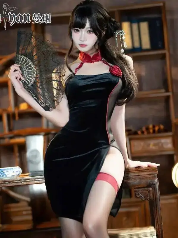 Sexy Lingerie Female Sexy Hanging Neck Buckle Stand Collar Sheer Mesh Lace Beautiful Back Rose Slit Cheongsam Uniform 7PVH