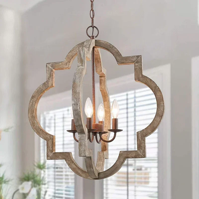 Vintage Solid Wooden Chandelier 4 Lights White French American Style Home Lighting for Living Room