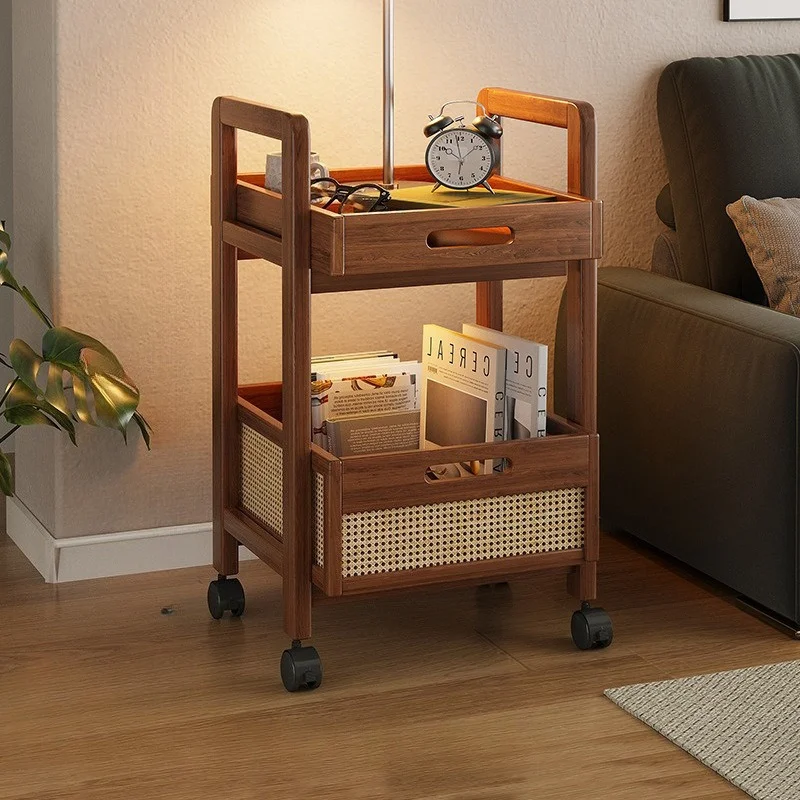 

Plastic Wicker Style Side Table with Wheels, Small Rolling Storage Cart for Living Room Bedroom, Multi-Tier Organizer Shelf