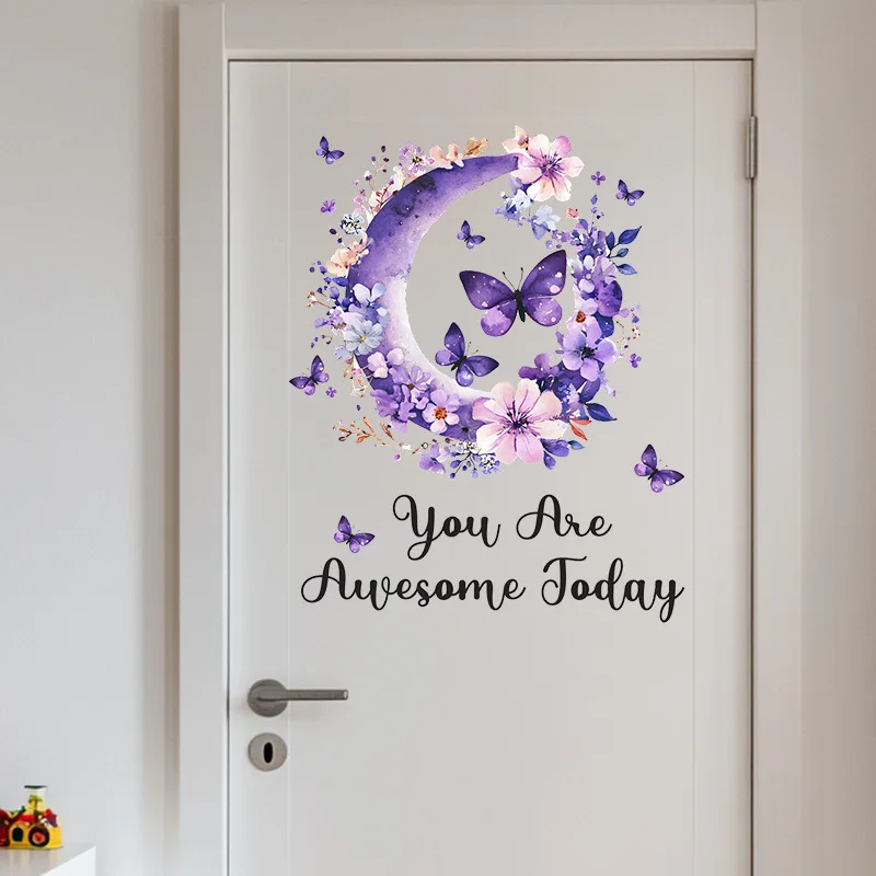 1PC Fantasie Lila Schmetterling Mond Blumen Schlafzimmer Wohnzimmer Wand Verschönern Dekorative Wand Aufkleber PVC Material Wand Dekoration