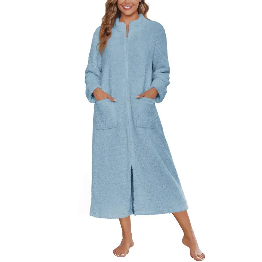 

Халат на молнии, флисовый халат с длинными рукавами, одежда для сна, теплый мягкий домашний халат с карманами, домашние платья на молнии