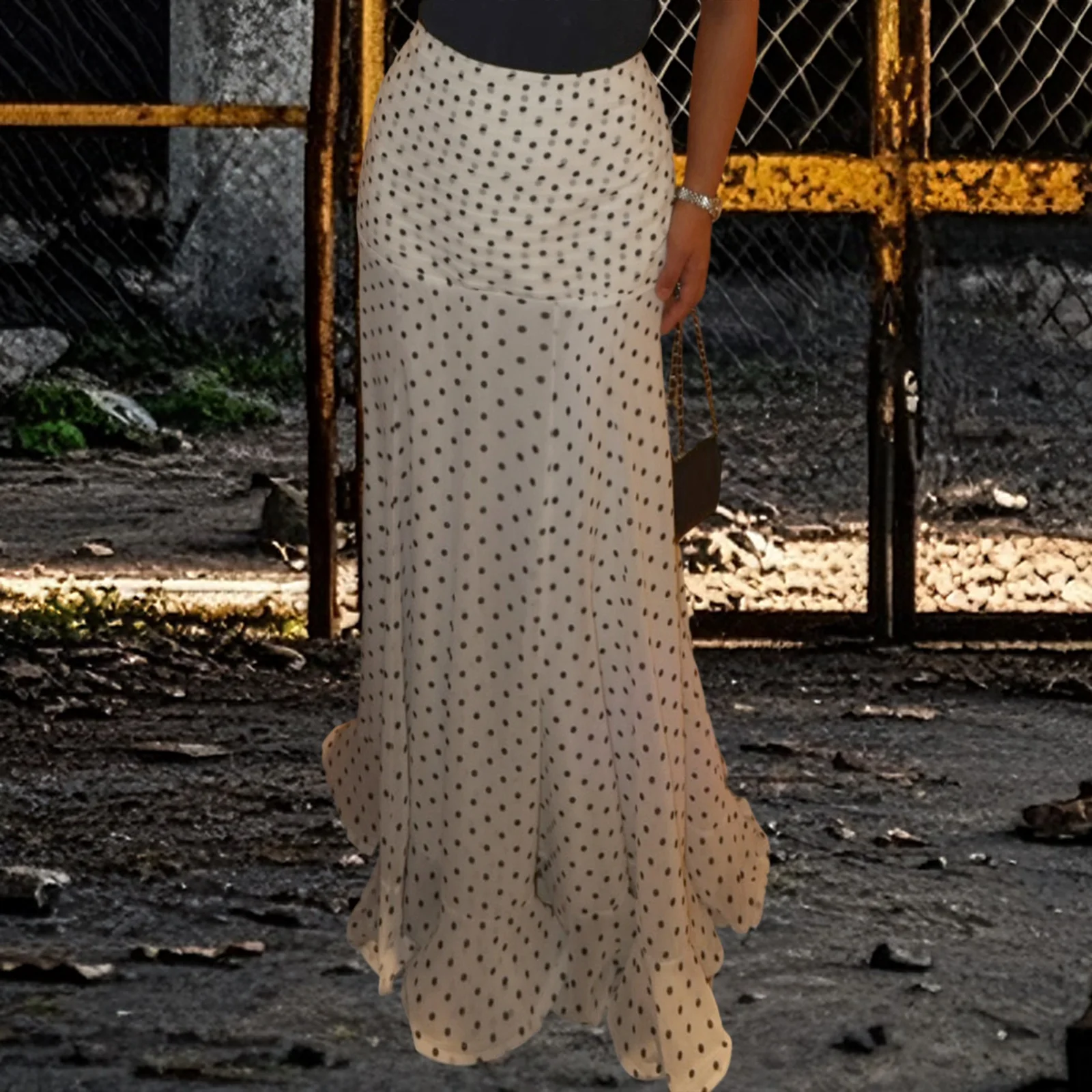 2000er Jahre Damen-Langröcke mit Punktdruck, elegant, hohe Taille, Fischschwanzsaum, fließende A-Linien-Röcke, Ropa Paja Mujer