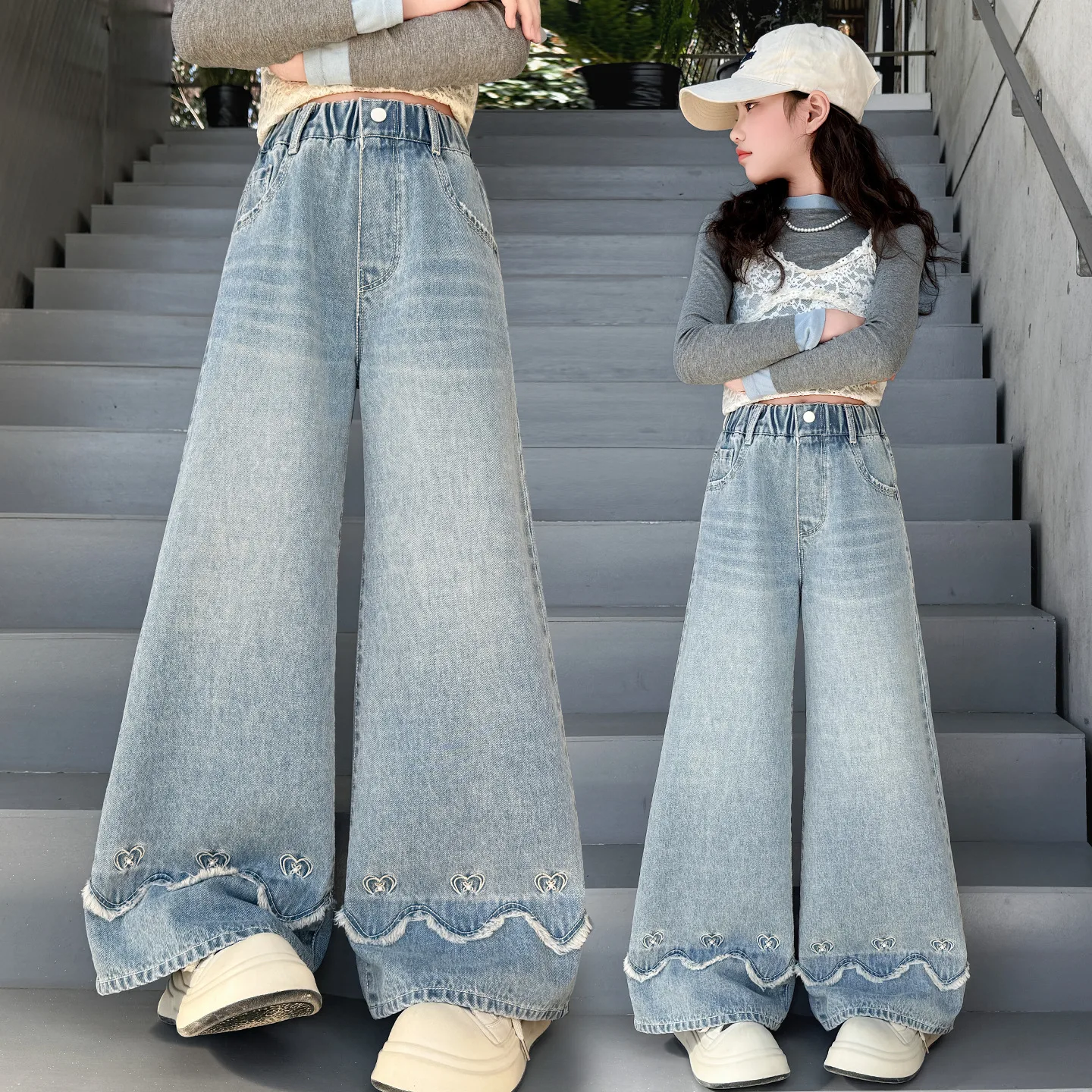 

Корейские детские модные джинсовые брюки с кружевом для девочек-подростков, трендовые ретро-брюки из выстиранного денима, детские уличные брюки в стиле хип-хоп