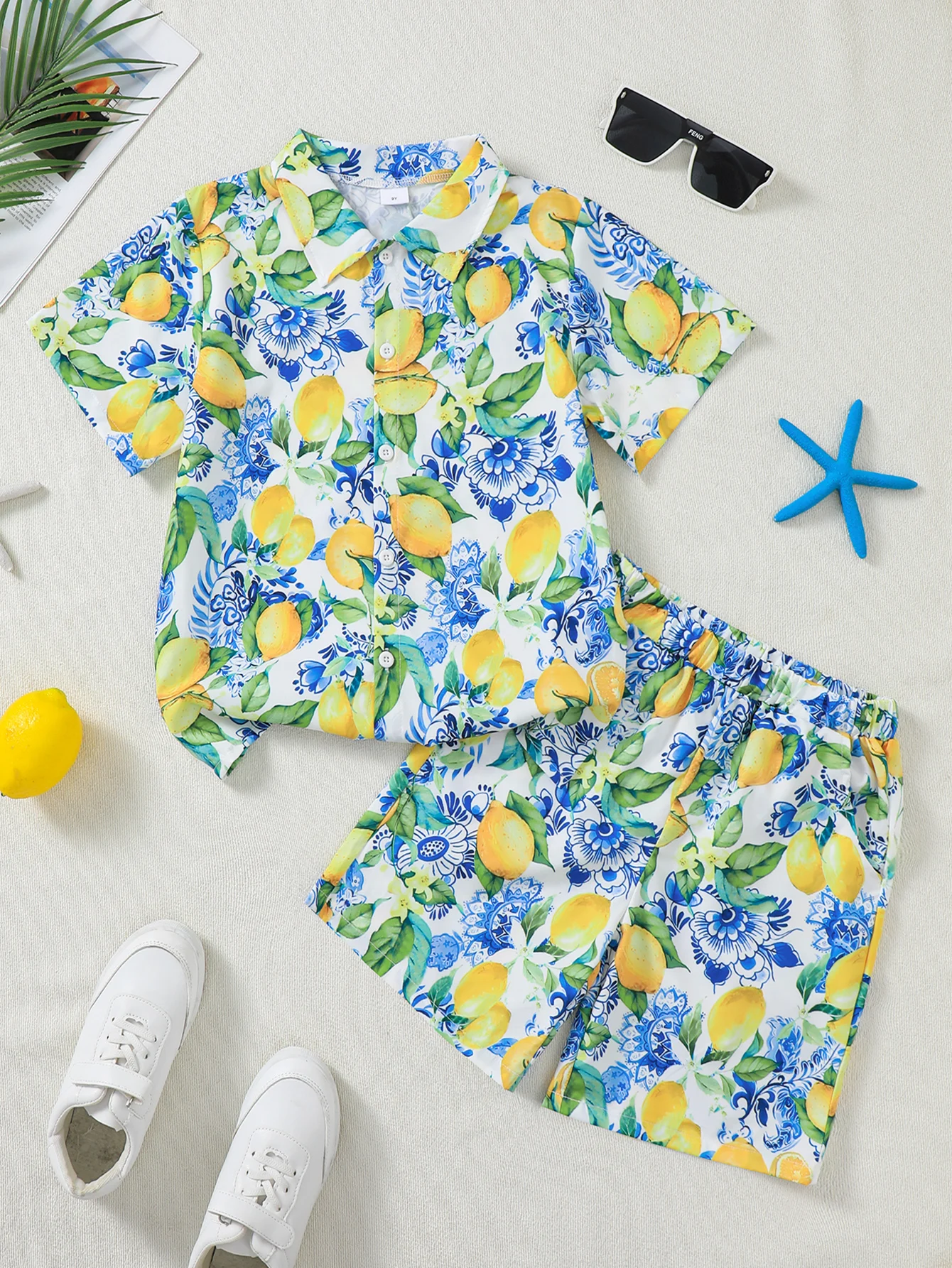 Tropical Rainforest Lemon Print Boys' 2-Piece Set Beach Shirt And Shorts Summer Vacation Casual Fashion Outfit for Kids