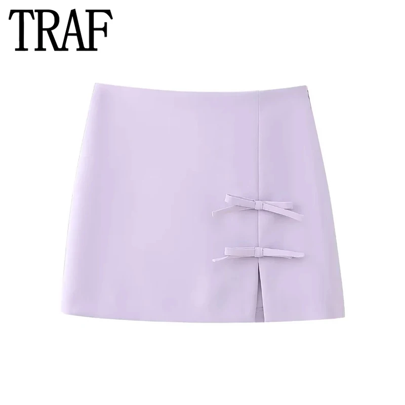 

TRAF 2024 Purple Mini Skirt Women Tie Bow High Waist Slit Skirt Woman Fashion Cuteore Short Skirts For Women Split Summer Skirt