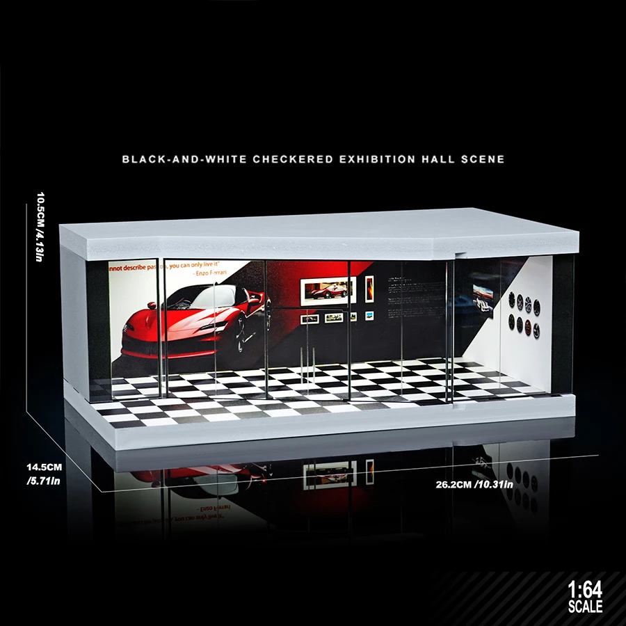 1/64 Miniature Parking Lot Model-LED Light Up Exhibition Hall Scen Car Display Diorama for Collectors(Car & Figure Not Included)