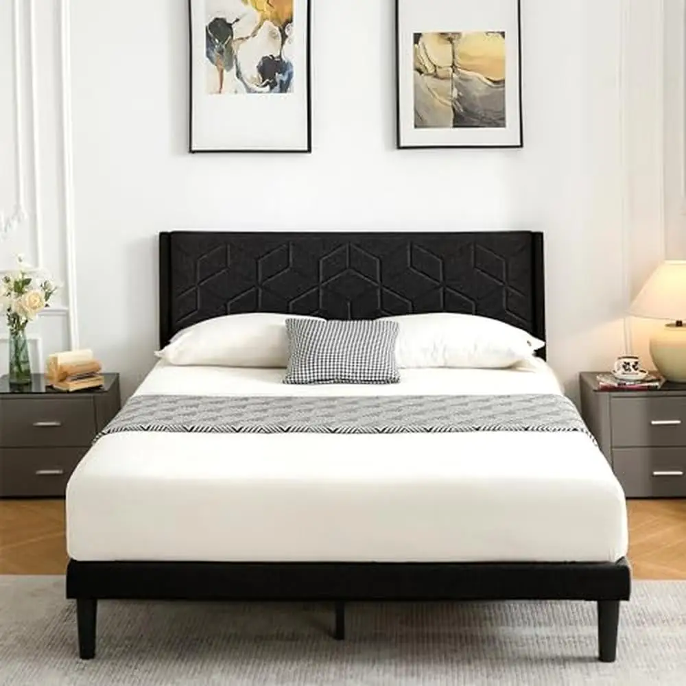 

Upholstered Queen Bed Frame with Headboard Solid Wooden Slats Non-Slip Design Easy Assembly Geometric Pattern Squeak Resistant