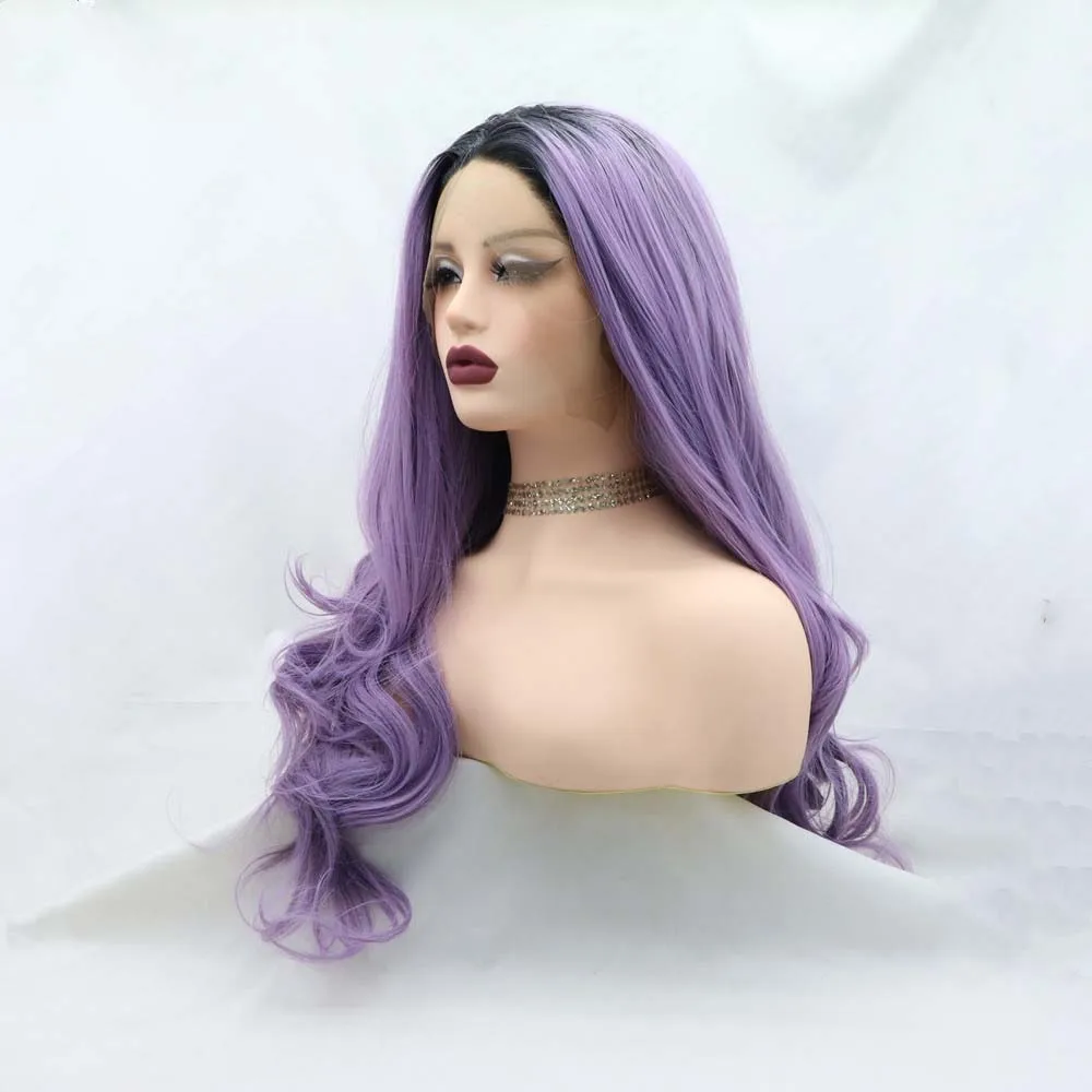 سيلفيا الباروكات الاصطناعية الأرجواني الدانتيل الجبهة الباروكات مع جذور داكنة طويلة متموجة الباروكات ألياف مقاومة للحرارة شعر مستعار #3