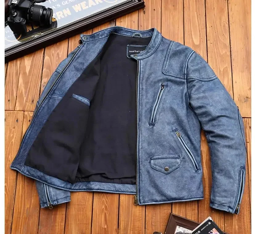 Shop Top.Mens Vintage Blue Denim leather jacket.quality slim fit cowhide coat.slim genuine cloth.Classic style