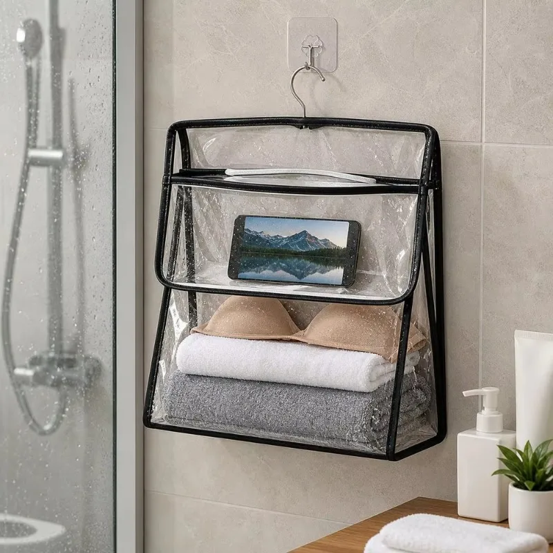 Waterproof Hanging Clothes Bag Transparent Large Capacity Bathroom Storage Bag Touchscreen Phone Pocket Shower Clothes Organizer