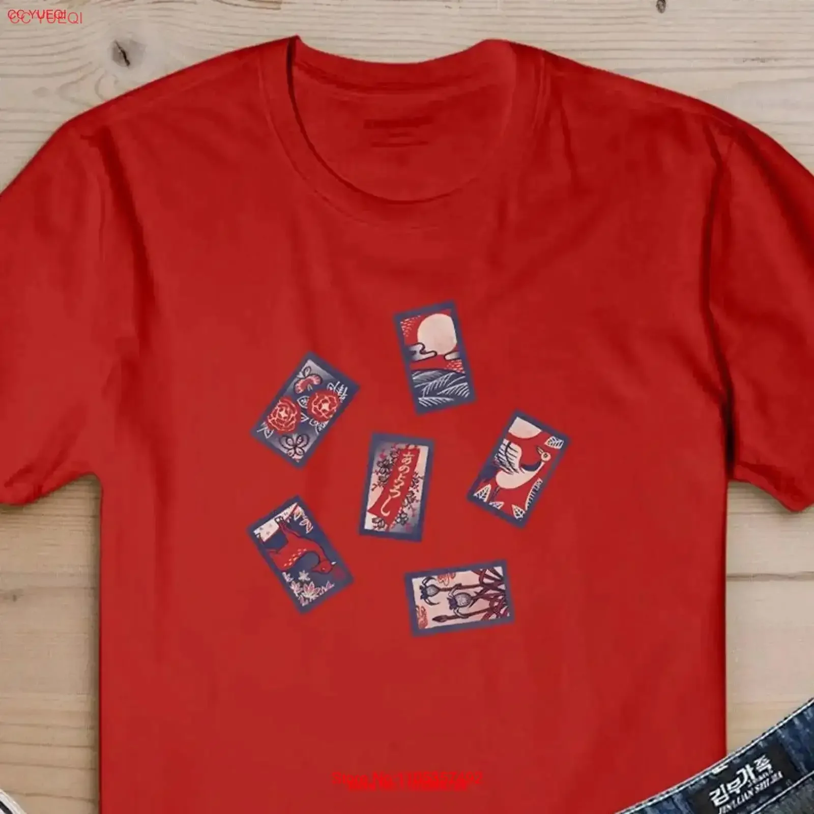 camiseta-hanafuda-com-estampa-de-cartas-japonesas-jogo-de-cartas-retro-poquer-tradicional-japones-desenho-a-mao-vintage-lavada-unissex-estilosa