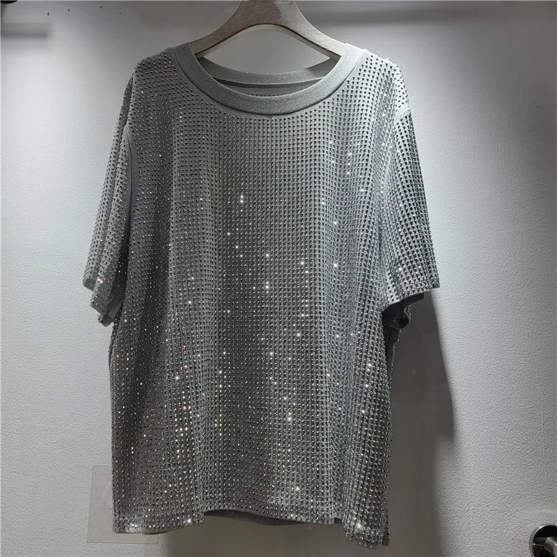 HKSH Summer New Women's T-Shirt Round Collar Short Sleeves Studded Diamonds Versatile Chic Tee Hip Hop Sexy Fashion Tops HK16002