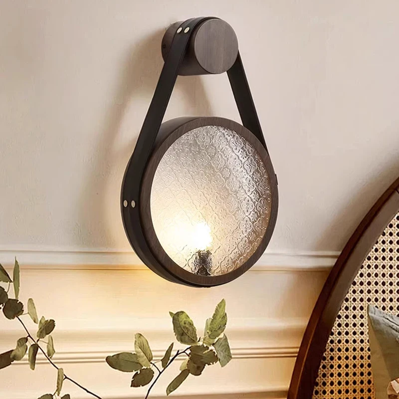 

Leather Frosted Glass Wall Light E14 Bulb Metal Ring Parlor Bedroom Restaurant Creative Sconce