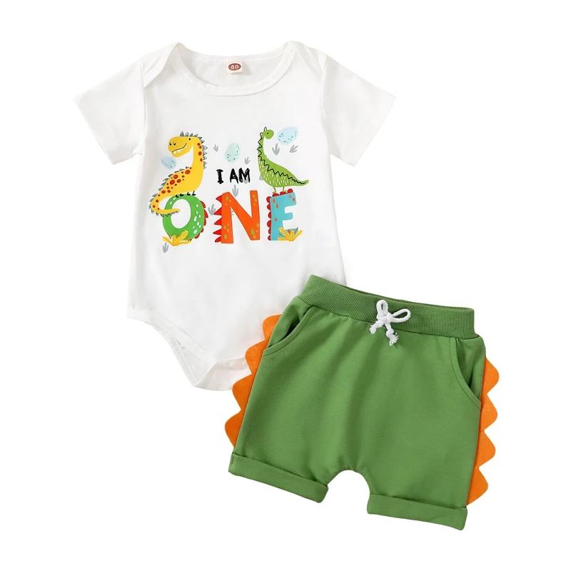 Baby Girl Boy First Birthday Outfit Dinosaur Print Short Sleeve Romper Elastic Waist Shorts Toddler Summer Set