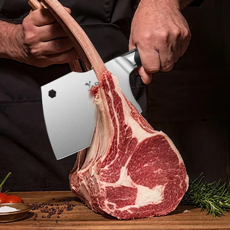 Double Rivet Axe Knife High Hardness Stainless Steel MultiFunction Meat Cleaver Chopper with Black Handle for Kitchen Restaurant
