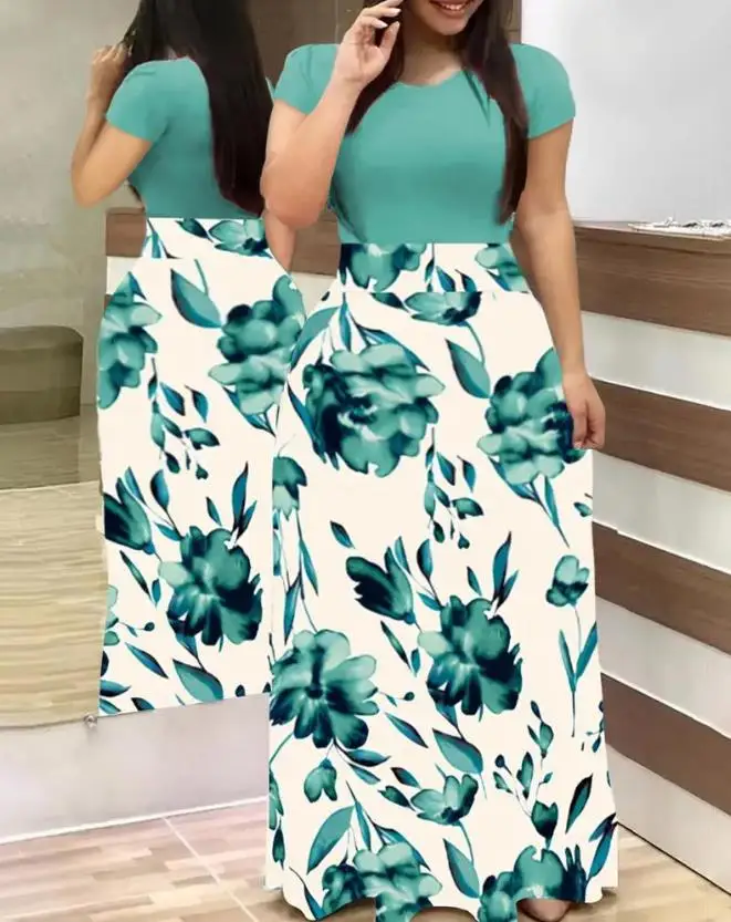 

Women's Summer Dress Fashionable and Casual Hawaiian Slim Fit Plus Size Flower and Plant Print Short Sleeve Long Dress