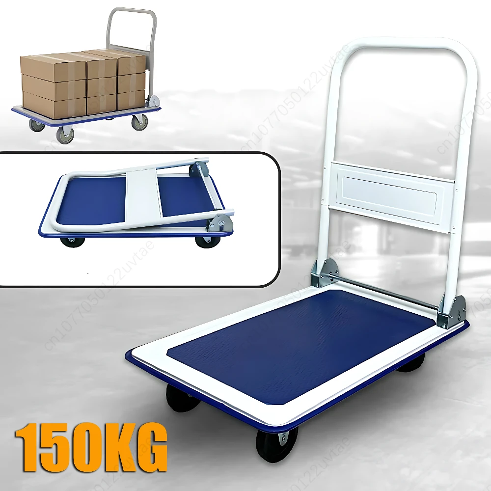 Flatbed Cart Iron Plate Car Collapsible Trolley Pulling Storage Office Household Portable Four-wheel Trailer Lightweight