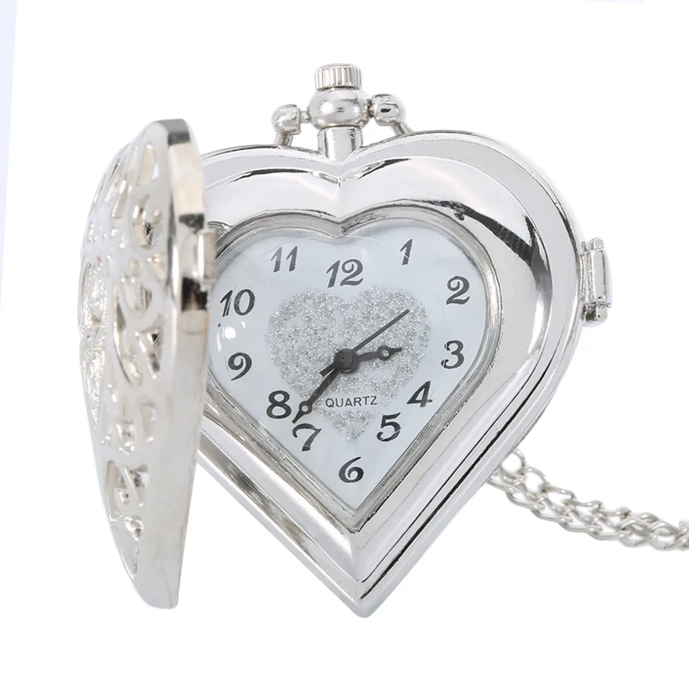 Silver Heart Shape Open Skeleton Watch with Diamonds Vintage Antique Pocket Watch Pendant Necklace for Women Birthday Gift Idea