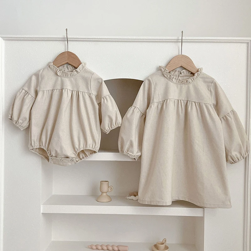 Infant Kids Baby Girls Long Sleeve Solid Color Sisters Dress Spring Autumn Newborn Kids Baby Girls Princess Clothes Rompers