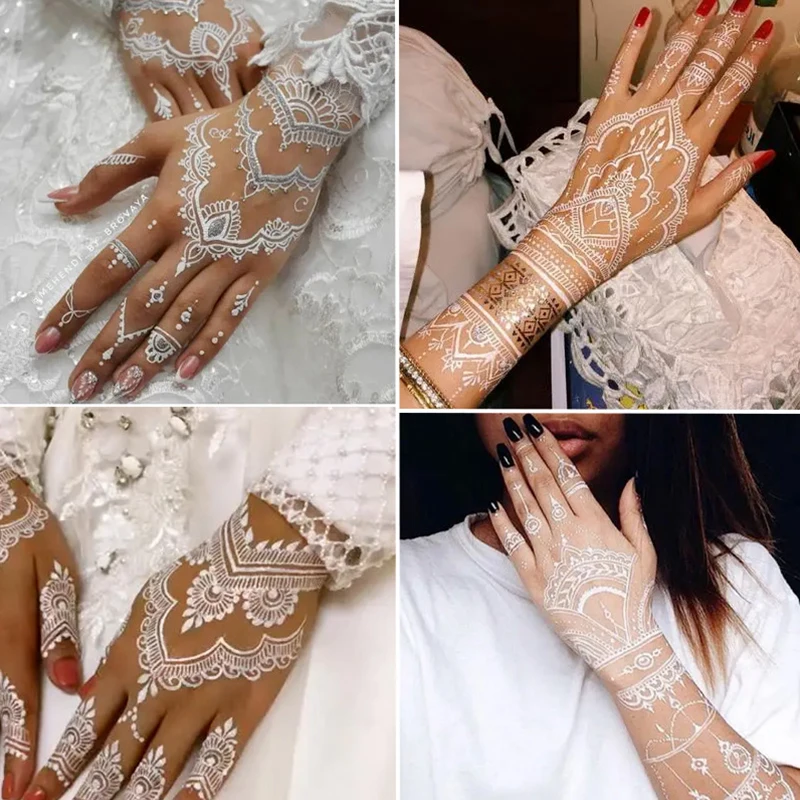 White Lace Jewelry Temporary Tattoo Sticker Waterproof Indian Henna Tattoo Body Art  Tattoo Sticker Bride Wedding Lace Flower