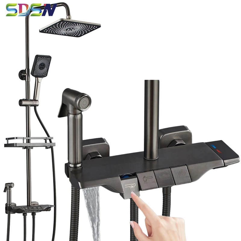 

Newly Brass Bathroom Faucet Luxury Grey Piano Shower System 12 Inch Rainfall Shower Head Fashion Hot Cold Piano Shower Set