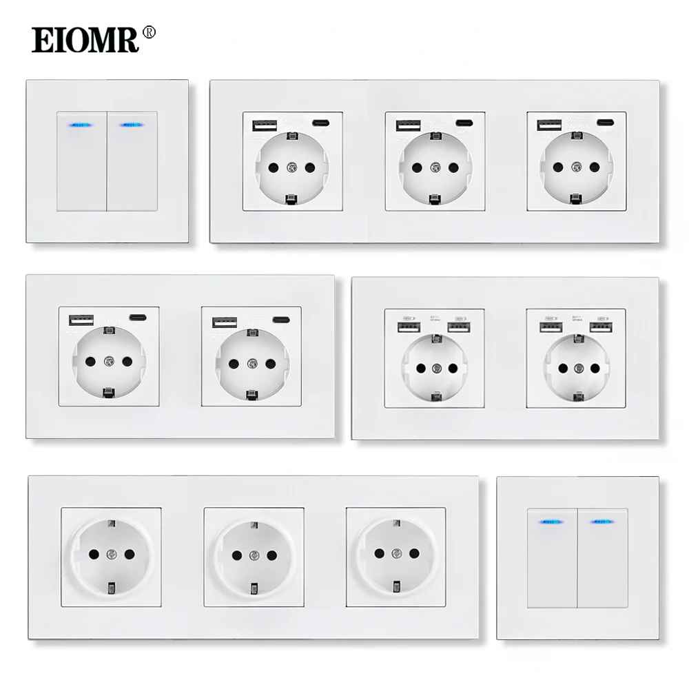 EIOMR EU Standard Wall Switch Sockets Strip with USB Type C Charging Port 16A 110-220V Power Outlet Wall Plug Grounded Sockets