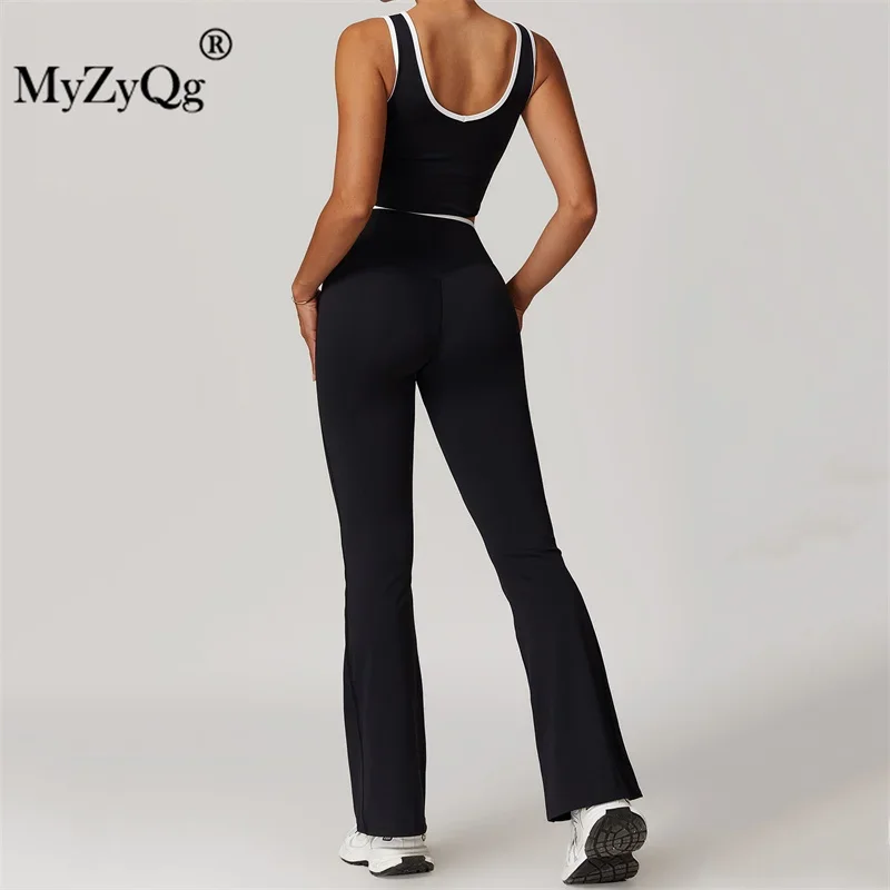 MyZyQg Crossover High Waist Exercise Yoga Vest Flared Pants Suit Women Clashing Color Backless Skinny Running Fitness Pant Set