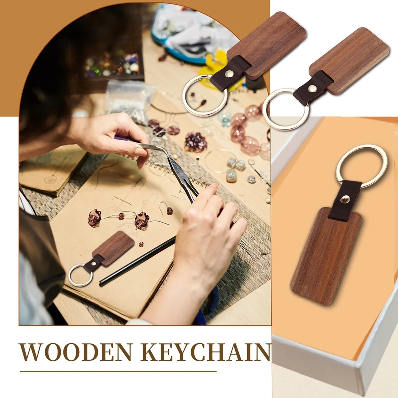 10Pcs Wooden Keychain Rectangular Collectible Key Ring Car Bag Hanging Pendant Painting Crafts Cute Keychain