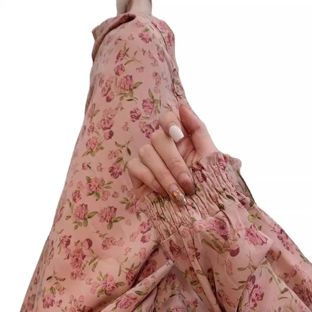 ربيع 2025 جديد الوردي الأزهار الشيفون الدكتور عطلة الشاطئ تنورة طويلة التخسيس لينة الرياح استراحة الشاي الفرنسية Sle عالية الخصر ألف لين...