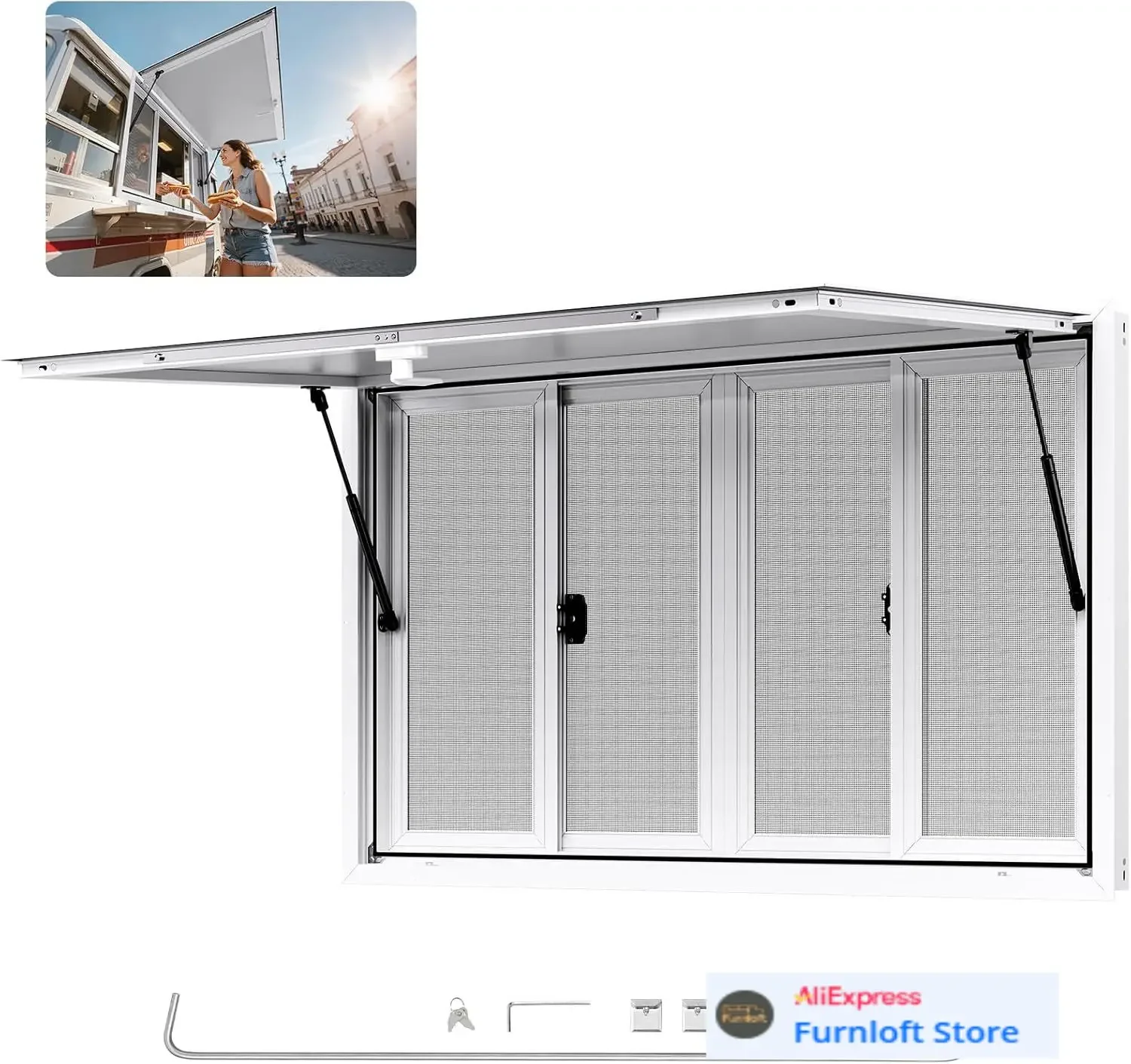 Concession Window, Aluminum Alloy Frame Service Window for Food Truck, Up to 85 Degrees Stand Serving with Awning Door
