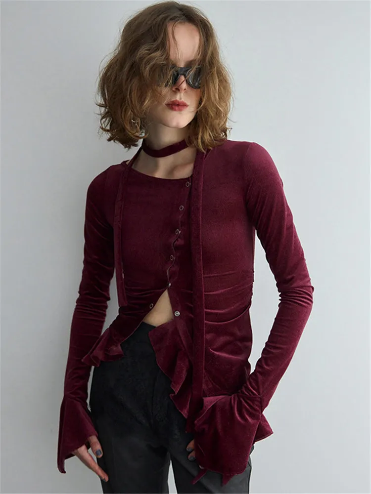 Shestyle Velvet Vintage Ruffles Tops Women Button Up with Choker Smooth Slim Incline Neck Claret Tops Retro Winter Fashion Tee
