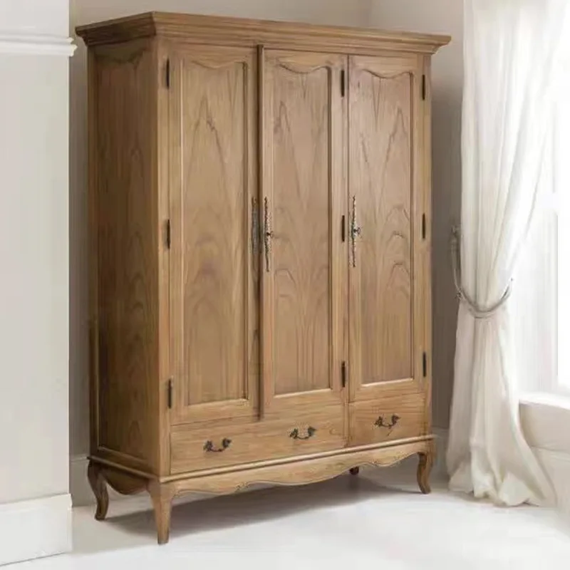 American country solid wood oak double door wardrobe, French retro old weathered gray children's wardrobe flat wood cabinet