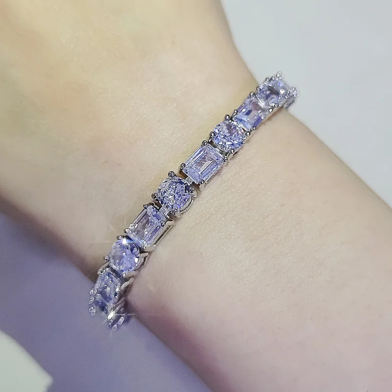 Luxury 925 Silver Bridal Jewelry Round Rectangle Diamond Bracelet Bangle for Women Wedding Gift Jewelry Wholesale on Hand Love