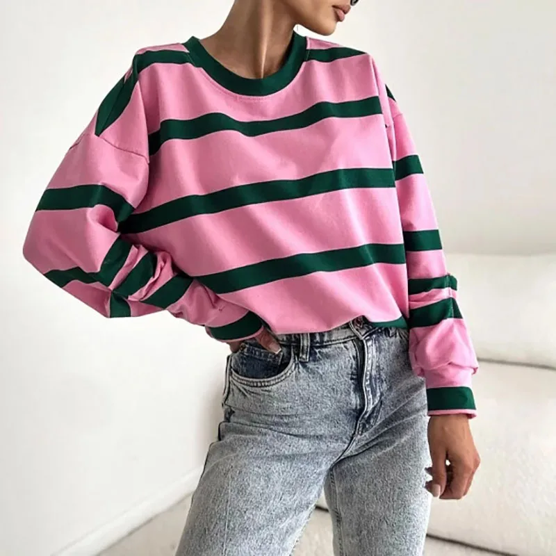 Y2K Hoodies Casual Striped Print Sweatshirts Woman Fall Round Neck Loose Top Pullover 2024 Winter Long Sleeve T-shirt Sweatshirt