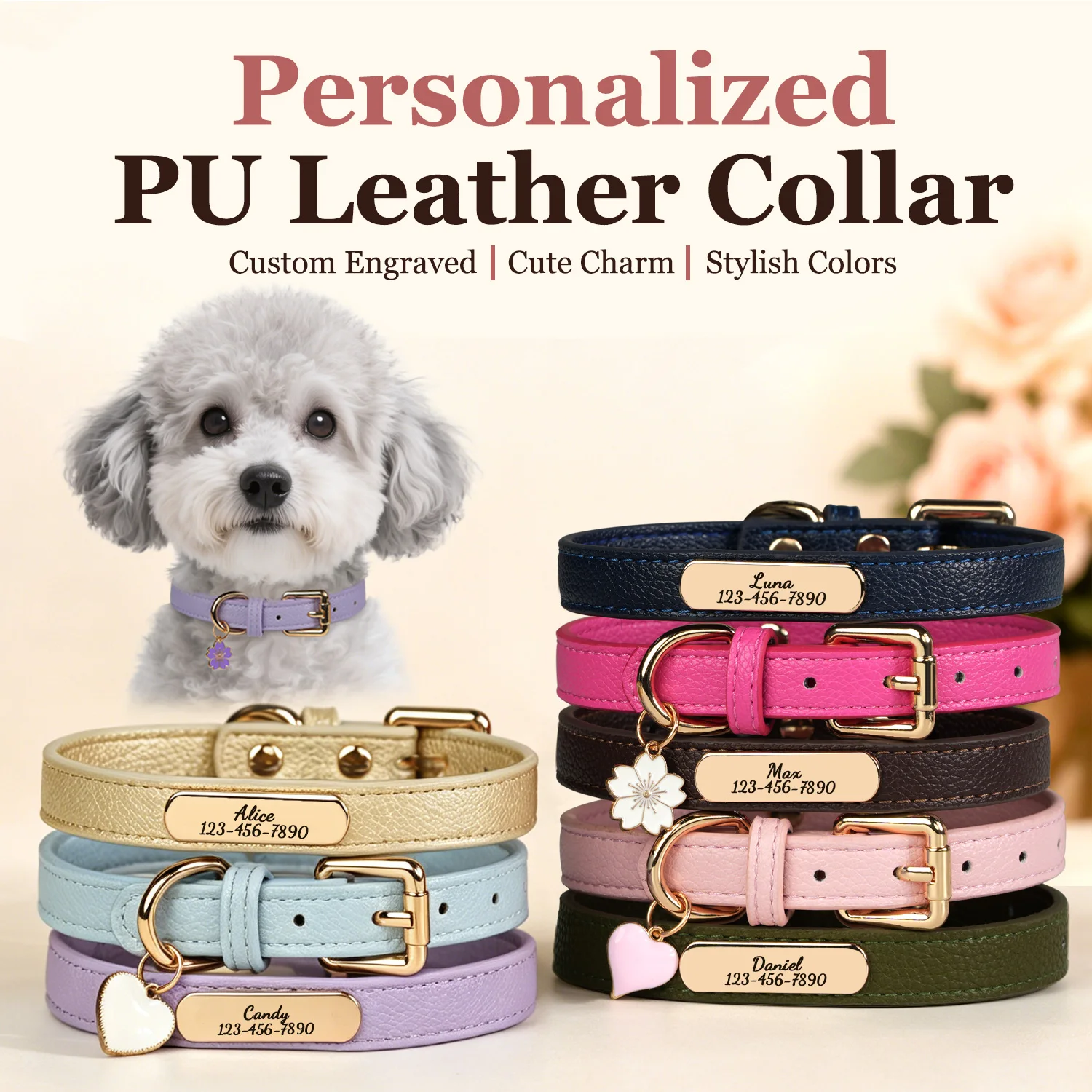 Luxury & Soft Leather Personalized Dog Collar and Pendant Pet Puppy Cat ID Nameplate Engraved for Small Medium Dogs