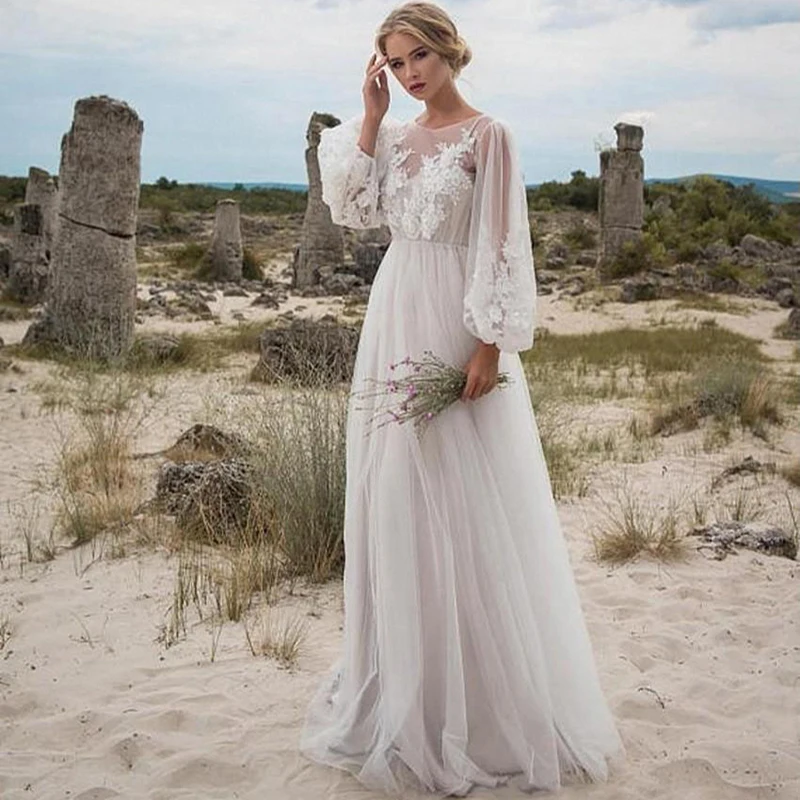 Vestidos De novia bordados Vintage para mujer, Mangas De linterna De gasa, Vestido De graduación, Apliques De encaje De ilusión, Vestido De novia De Organza