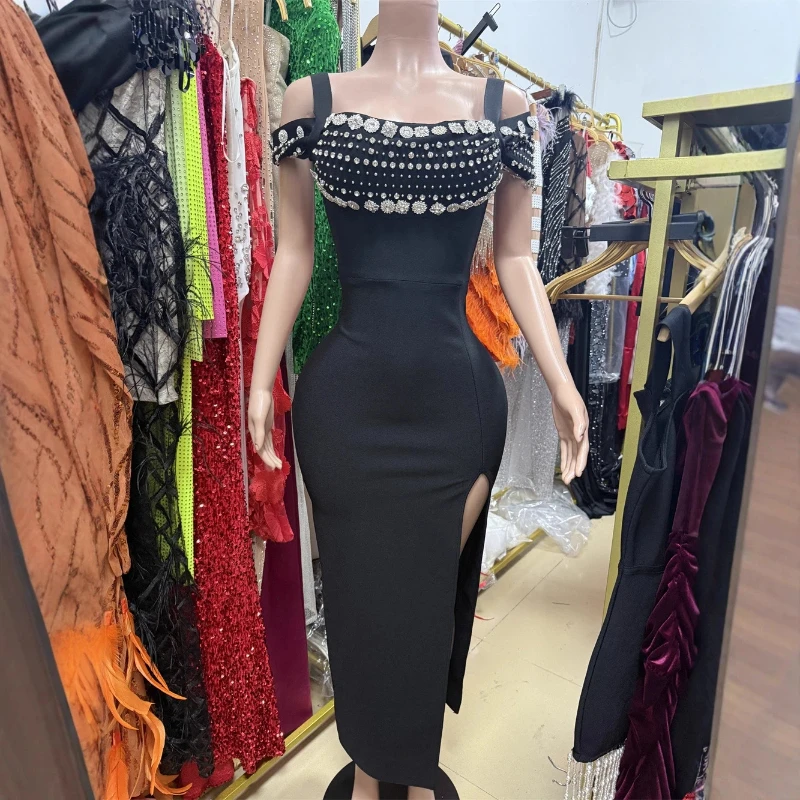 

Women Bandage Dress Double Layer Rhinestones ff the Shoulder Simpler Jersey Evening Dress Crystal Front Slit Strap Party